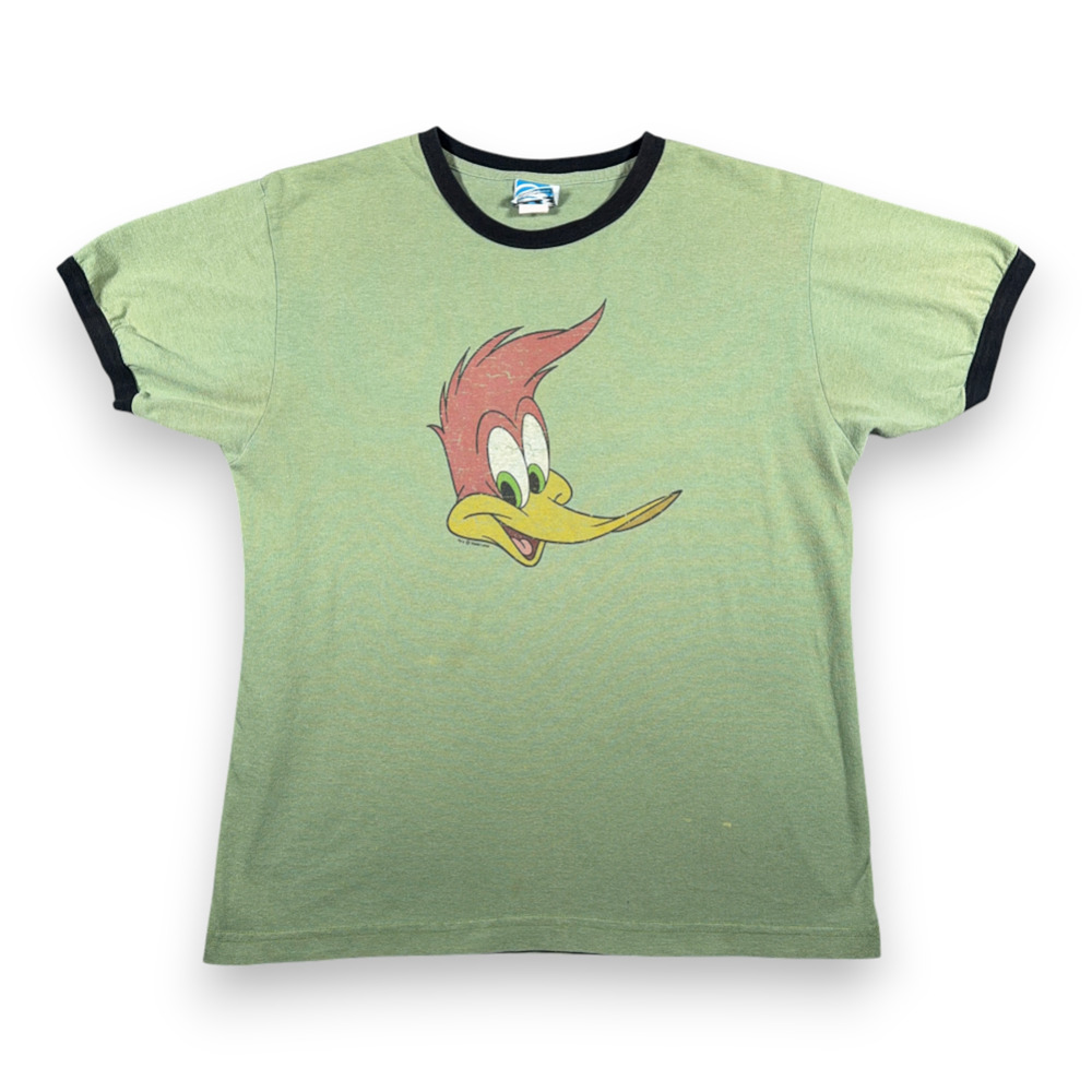 Vintage Woody Woodpecker Shirt Adult LARGE Green Cartoon Portrait Ringer USA Y2K